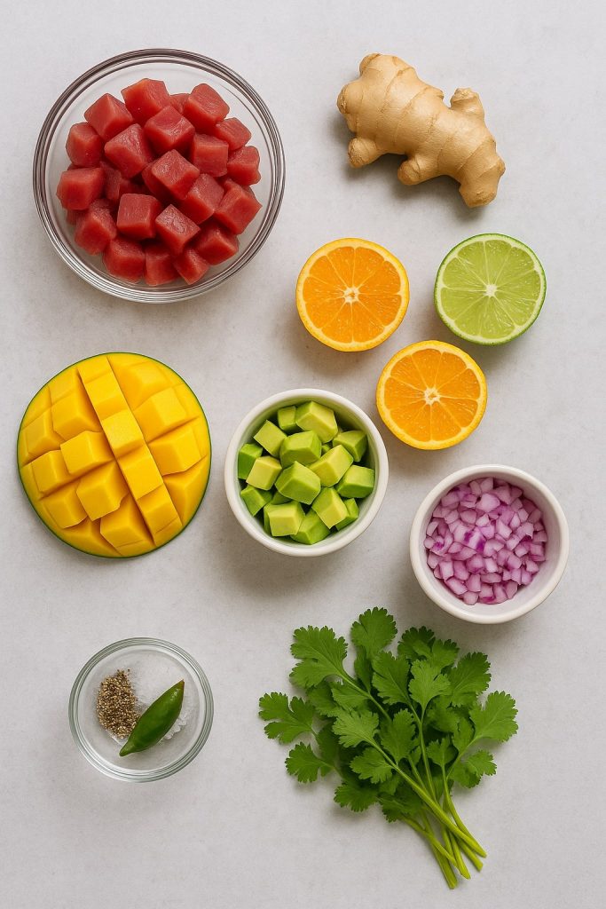 ingredients ceciche thon mangue avocat